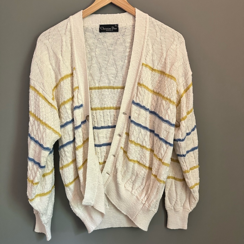 Dior White Cardigan with Yellow and Blue Stripes